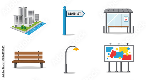 Urban street elements set featuring buildings, signs, and street furniture in flat design