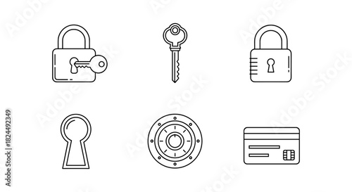Minimalist security icons featuring locks, keys, and card in linear style