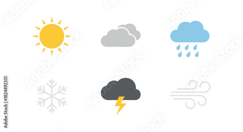 Minimalist weather icons set featuring sun, clouds, rain, snowflake, storm, and wind symbols