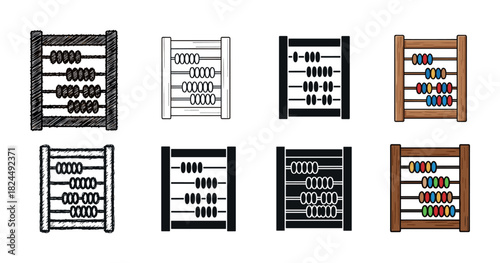 Set of eight abacus icons in various artistic styles including hand-drawn scribble, line art, solid glyph, and colorful cartoon for educational and financial concepts