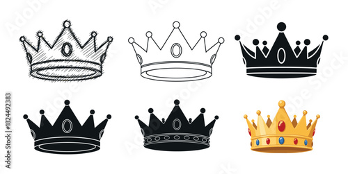 Set of six different royal crowns presented in a variety of design styles, from hand-drawn sketch and line art to black silhouette and a golden jeweled cartoon
