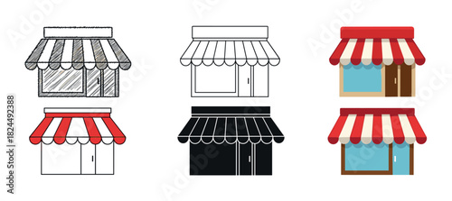 Set of six small shop building icons with striped awnings presented in multiple design styles like hand-drawn sketch, simple outline, and colorful flat vector graphic