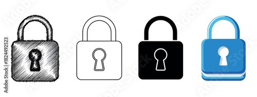 Set of four padlock icons in different graphic styles, including scribble, outline, silhouette, and flat vector illustration for security and privacy concepts