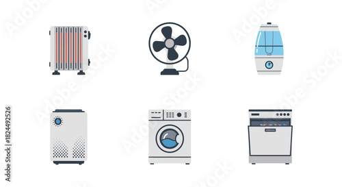 Home appliance icons: flat style featuring washer, fan, and humidifier