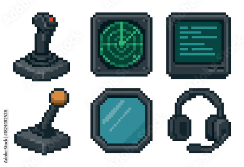 Set of pixel art icons featuring a joystick, radar screen, monitor, and headset for a retro video game interface or aviation simulator in a classic 8-bit style
