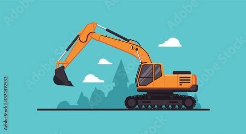Modern flat design construction excavator with blue sky and clouds