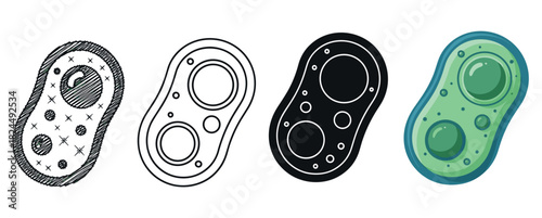 Set of four biological cell icons in different artistic styles including hand-drawn scribble, line art, solid silhouette, and a full color cartoon illustration