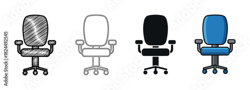 Four office chair icons in different styles including a hand-drawn sketch, clean line art, a solid black silhouette, and a flat blue color cartoon illustration