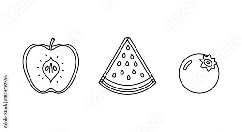 Minimalist outline of apple, watermelon, and blueberry on white background
