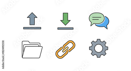 Simple linear color icons: upload, download, chat, folder, link, settings