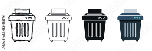 Paper shredder office machine icon set in four different graphic styles including hand drawn sketch, line art, solid glyph, and modern flat color vector illustration