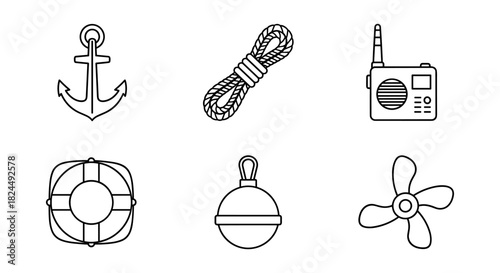 Nautical icon collection featuring anchor, lifebuoy, rope, and more in linear style