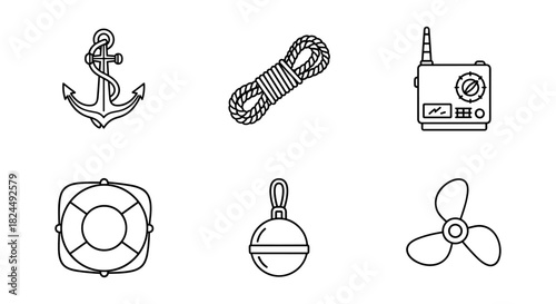 Nautical icons: anchor, rope, lifebuoy, and more in clean linear style