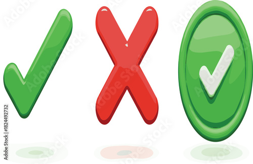 3D Glossy Check Mark and X Mark Vector Illustration, Approval, Denial, and Correct Icons.