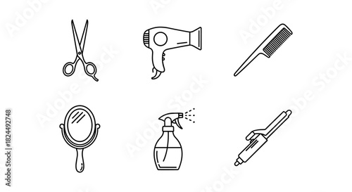 Minimalist hair salon icons set featuring scissors, dryer, comb, mirror, spray, and brush