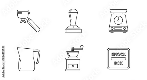 Essential linear icons of coffee making tools and equipment for baristas