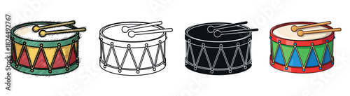 Four toy drum illustrations with drumsticks presented in a collection of various artistic styles including colorful cartoon, sketch, line art, and black silhouette