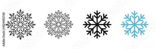 Four different snowflake vector icons showing a collection of styles from a hand-drawn sketch and geometric outline to simple solid black and blue winter symbols