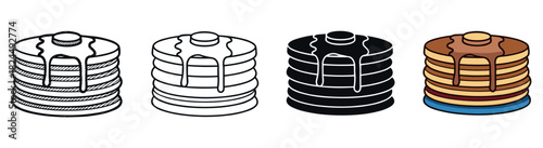 Four pancake stack illustrations in different styles including doodle, line art, silhouette, and full color cartoon for breakfast food concepts