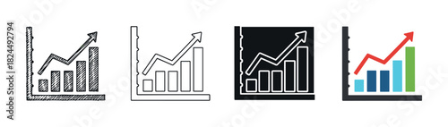 Four business growth graph icon variations with an upward trend arrow, illustrating financial success in sketch, line art, inverse, and colorful flat vector styles