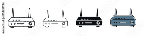 Set of four wi-fi router icons in different artistic styles including doodle, line art, glyph, and flat color for network and internet technology concepts