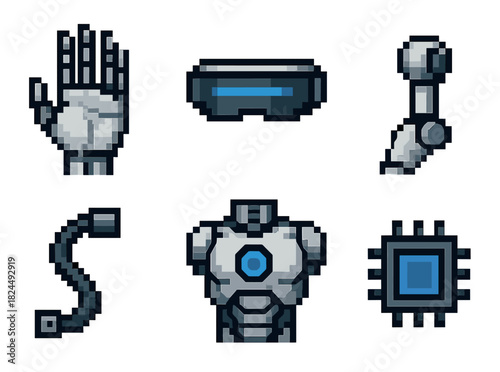 Set of pixel art robot parts including a hand, arm, torso, visor, cable, and computer chip in a retro 8-bit video game style for a futuristic cyborg or android concept