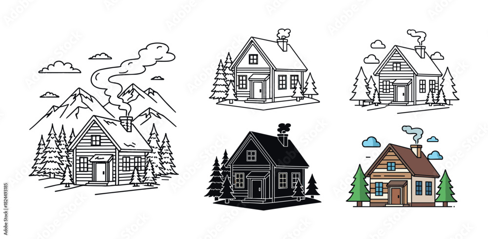Fototapeta premium Set of six rustic cabin illustrations in various styles including line art, silhouette, and color, perfect for outdoor adventure or travel themes