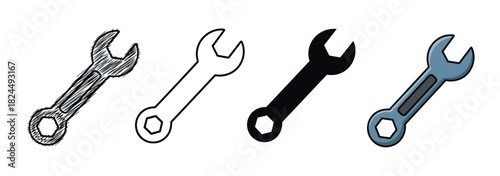 Set of four combination wrench icons presented in a row, showcasing different artistic styles including a hand-drawn sketch, simple outline, solid black silhouette, and a colored cartoon