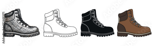 Set of four work boot illustrations in different artistic styles including a hand-drawn sketch, simple line art, a black silhouette, and a flat color cartoon drawing