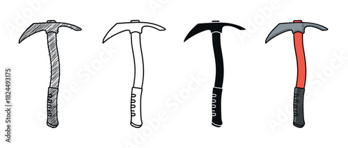 Set of four ice axe illustrations showing different artistic styles like hand-drawn sketch, simple outline, solid silhouette, and flat color cartoon