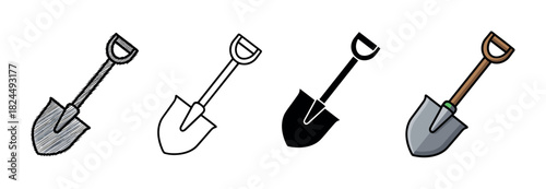 Set of four garden shovels presented in different artistic styles including sketch, outline, silhouette, and a full color cartoon version for various design purposes