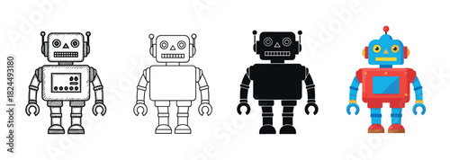 Collection of four classic toy robot illustrations in various design styles, including a detailed hand-drawn sketch, a clean outline, a solid black silhouette, and a colorful flat cartoon