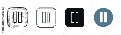 Set of four pause button icons in various artistic styles including hand-drawn sketch, line art, solid black, and flat design for user interface and web elements