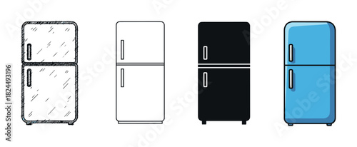 Four refrigerator icon illustrations in various styles, showing a hand-drawn sketch, a simple line art outline, a black silhouette, and a colorful cartoon version of the appliance