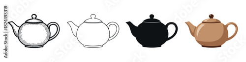 Set of four classic teapot icons showing different graphic styles from a detailed hand-drawn sketch and simple outline to a bold silhouette and a colored flat design