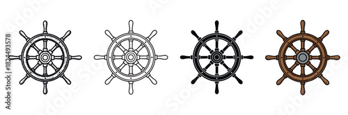 Set of four ship's wheels in various artistic styles including hand-drawn sketch, clean outline, solid black silhouette, and classic brown wood color illustration