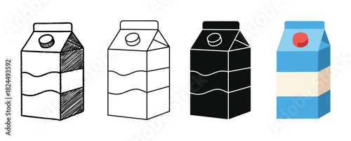 Set of four milk carton illustrations in various styles including sketch, outline, silhouette, and flat color design for graphic design elements