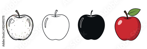 Set of four apple icons showing different artistic styles including a hand-drawn sketch, a simple outline, a black silhouette, and a full-color cartoon illustration