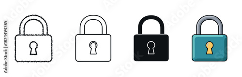 Collection of four padlock icons demonstrating different design styles, including a scribble sketch, a minimal outline, a solid black glyph, and a colorful flat cartoon element