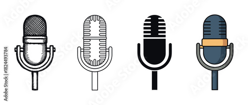 Set of four vintage microphone illustrations showing different artistic styles including sketch, line art, silhouette, and flat color design for audio and recording concepts