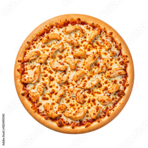 A high-angle, isolated shot of a whole round pizza topped with creamy cheese and pieces of grilled chicken, set against a transparent background.