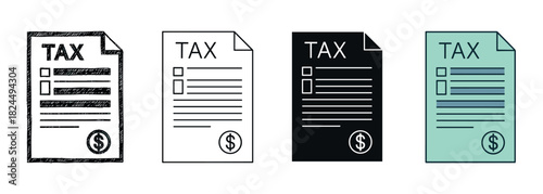 Set of four tax form icons in different styles including hand-drawn sketch, line art, solid glyph, and color, showing a financial document for calculating taxes with a dollar sign