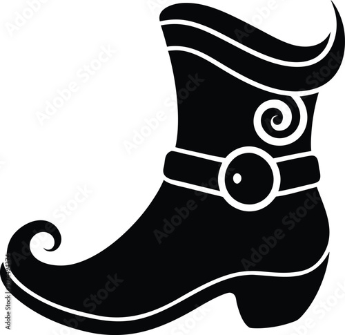 Black leprechaun boot silhouette with curled pointed toe and buckle 1
