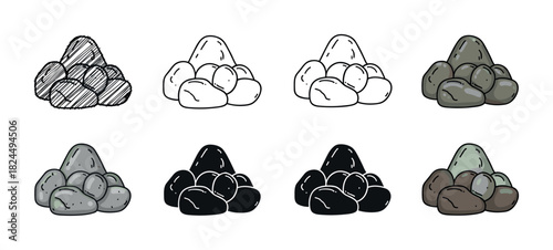Set of stone pile vector icons presented in multiple design variations such as hand drawn sketch, simple outline, solid black silhouette, and a flat cartoon color style