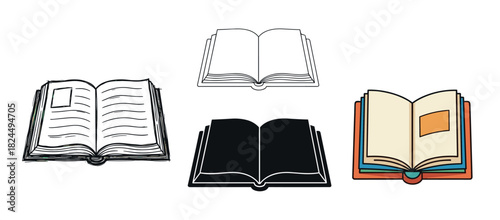 Collection of four open book illustrations in various artistic styles including a hand-drawn sketch, clean line art, a solid black silhouette, and a colorful flat vector graphic