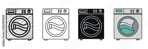 Washing machine icon set in four different styles including scribble, line art, silhouette, and flat color design for household appliance and laundry service concepts