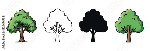Collection of four tree illustrations showing different artistic styles including a hand-drawn sketch, simple outline, black silhouette, and a clean cartoon vector graphic