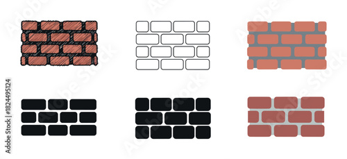 Collection of six brick wall icons in various graphic styles including flat design, outline, silhouette, and hand-drawn sketch for construction and building themes