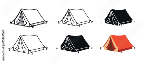 Set of six camping tent illustrations in various graphic styles including hand-drawn sketch, line art, black silhouette, and a simple flat color design for outdoor adventure concepts