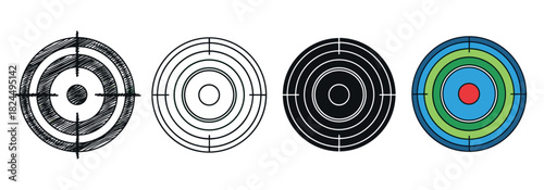 Collection of four bullseye target illustrations showing various design styles, from a rough hand-drawn sketch and simple outline to a bold solid and a vibrant color version